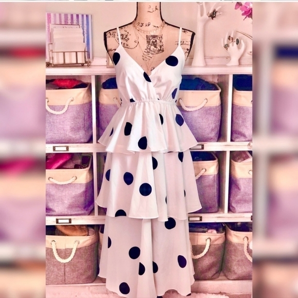 O.P.T One Pretty Time Anthroplogie sz  XS white layered dress black polka dots - Picture 3 of 7